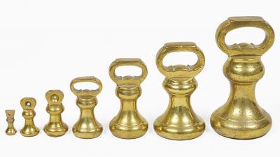 Victorian Set Seven Brass Bell Form Weights