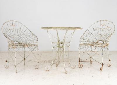 Victorian Style White Wirework Pair of Chairs and Cafe Table France 1960
