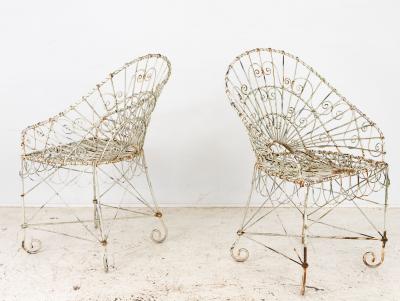Victorian Style White Wirework Pair of Chairs and Cafe Table France 1960