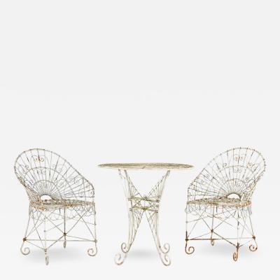 Victorian Style White Wirework Pair of Chairs and Cafe Table France 1960