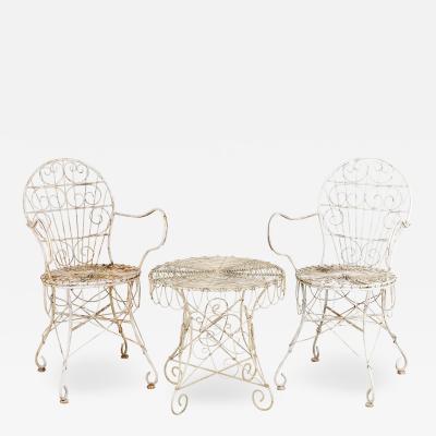 Victorian Style White Wirework Pair of Chairs and Cafe Table France 1960