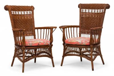 Victorian Wicker Armchairs with Semi Openwork Turned Backs and Floral Cushions