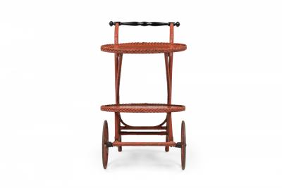 Victorian Wicker and Rouge Painted Rolling Tea Bar Cart