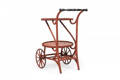 Victorian Wicker and Rouge Painted Rolling Tea Bar Cart