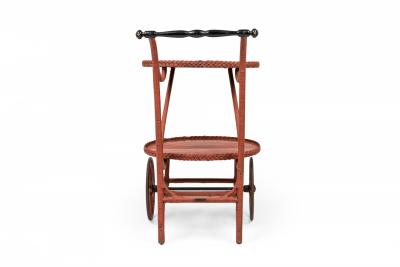 Victorian Wicker and Rouge Painted Rolling Tea Bar Cart