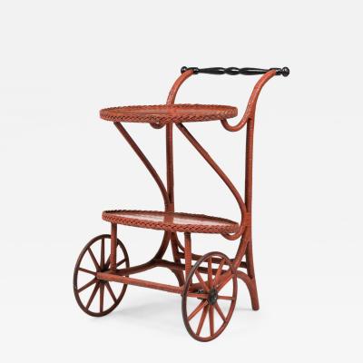 Victorian Wicker and Rouge Painted Rolling Tea Bar Cart