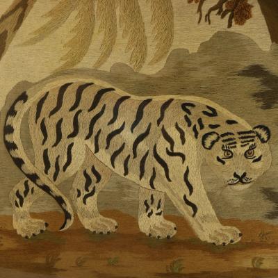 Victorian Woolwork Embroidered Picture of a Tiger