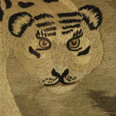 Victorian Woolwork Embroidered Picture of a Tiger