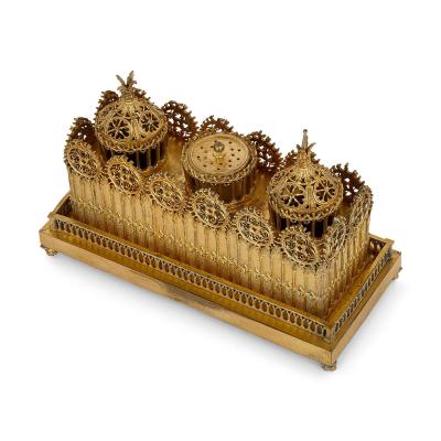 Victorian gilt inkstand desk set in the Gothic style