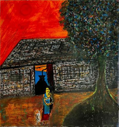 Vincent D Smith Home African Village Scene Orange Sky African American Artist