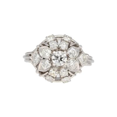 Vintage 1 30 Carat Old Euro Cut Diamond Flower Ring in 14k White Gold