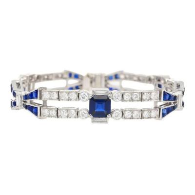 Vintage 12 Carat Blue Sapphire and Diamond Art Deco Open Bracelet in Platinum