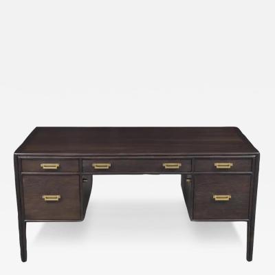 Vintage 1960s Ebonized Solid Wood Desk with Brass Hardware