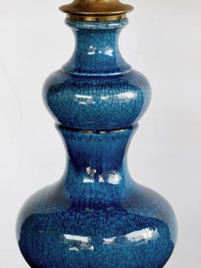 Vintage 1960s double baluster sapphire blue drip glaze lamp