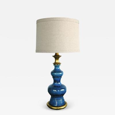Vintage 1960s double baluster sapphire blue drip glaze lamp