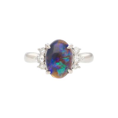 Vintage 2 Carat Oval Black Opal Diamond 3 Stone Platinum Ring GIA Certified