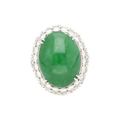 Vintage 24 Carat Oval Cabochon Jade and Round Diamond Floral Pattern Ring