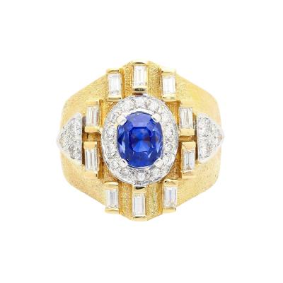 Vintage 4 57 Carat Blue Sapphire Baguette Diamond Mens Matte Finish Gold Ring