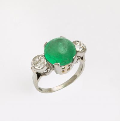 Vintage 6 ct Certified Natural Emerald Cabochon Diamond Platinum Engagement Ring