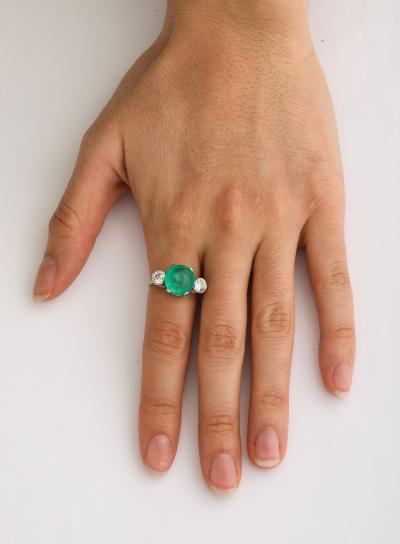 Vintage 6 ct Certified Natural Emerald Cabochon Diamond Platinum Engagement Ring