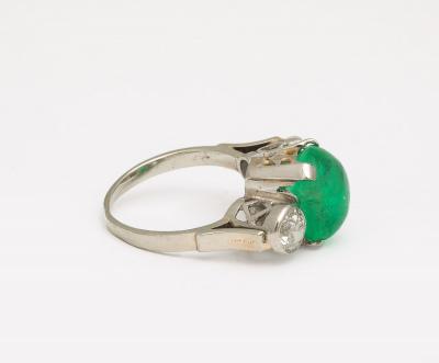 Vintage 6 ct Certified Natural Emerald Cabochon Diamond Platinum Engagement Ring