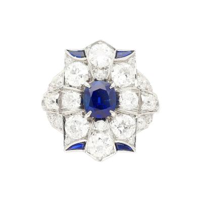 Vintage AGL Certified No Heat Blue Sapphire and Old Euro Cut Diamond Ring