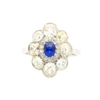 Vintage AGL Certified No Heat Burma Blue Sapphire and Old Euro Cut Diamond Ring