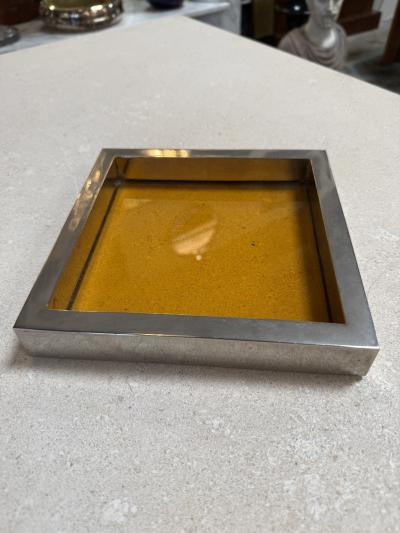 Vintage Amber Glass and Chrome Tray Catchall Dish