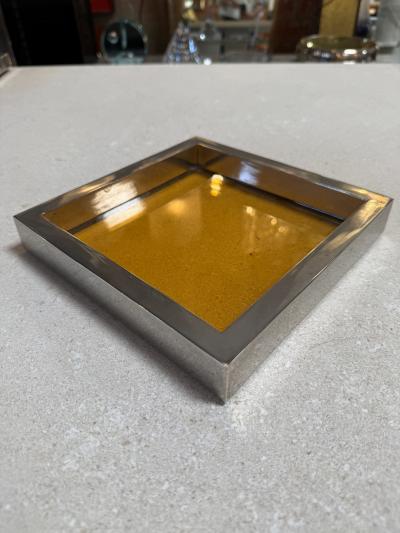 Vintage Amber Glass and Chrome Tray Catchall Dish