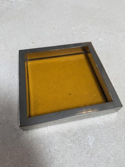Vintage Amber Glass and Chrome Tray Catchall Dish