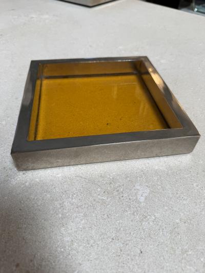 Vintage Amber Glass and Chrome Tray Catchall Dish