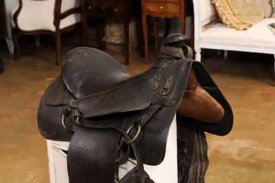 Vintage American Western Style Leather Saddle with Weathered Patina