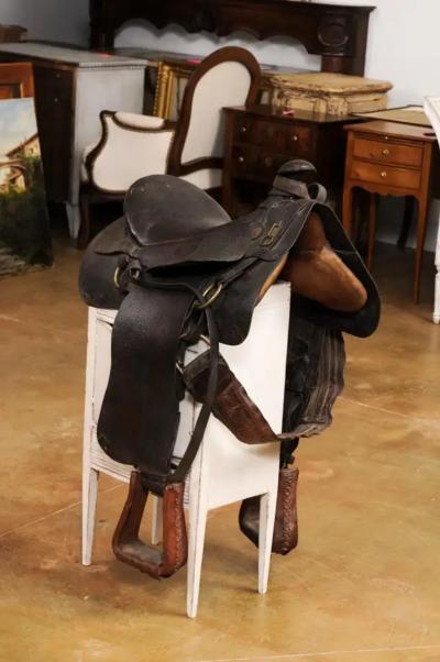 Vintage American Western Style Leather Saddle with Weathered Patina