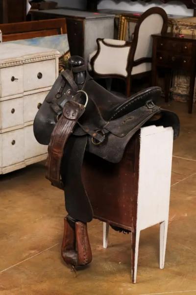 Vintage American Western Style Leather Saddle with Weathered Patina