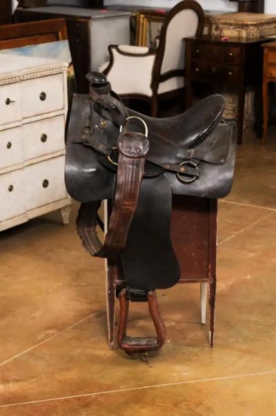 Vintage American Western Style Leather Saddle with Weathered Patina