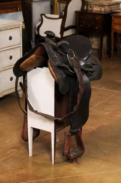 Vintage American Western Style Leather Saddle with Weathered Patina