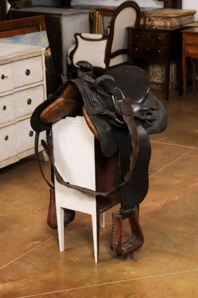 Vintage American Western Style Leather Saddle with Weathered Patina