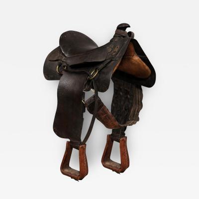 Vintage American Western Style Leather Saddle with Weathered Patina