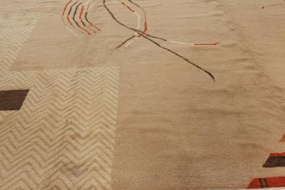 Vintage Art Deco Camel Beige Brown Handwoven Wool Rug