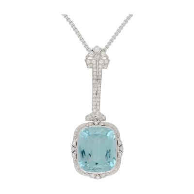 Vintage Art Deco Era GIA Certified Aquamarine and Old Euro Cut Diamond Necklace