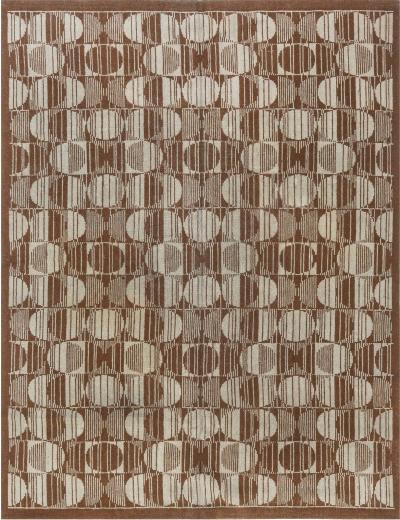Vintage Art Deco Geometric Brown Beige Handmade Wool Carpet