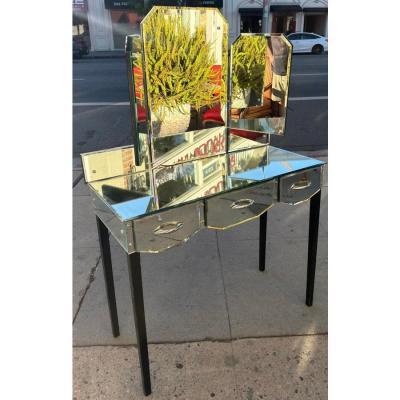 Vintage Art Deco Mirrored Trifold Vanity Dressing Table