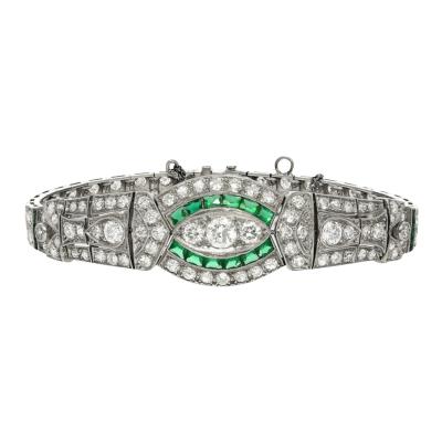 Vintage Art Deco Old Euro Cut Diamond and Emerald Bracelet in Platinum