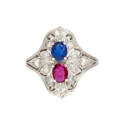 Vintage Art Deco Platinum 1 21 Carat Pink Ruby and Blue Sapphire Ring