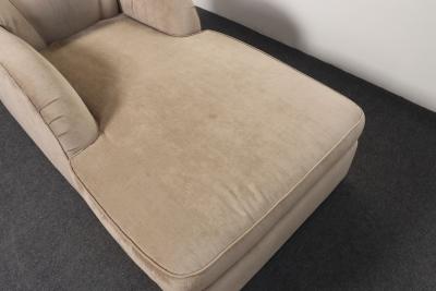 Vintage Art Deco Style Chaise Lounge in Taupe Chenille with Ebonized Plinth Feet