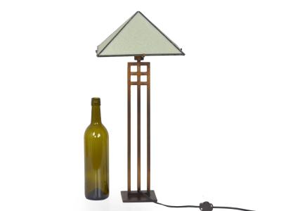 Vintage Arts Crafts Cut Steel Slag Glass Table Lamp