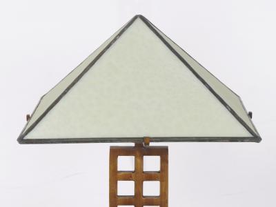 Vintage Arts Crafts Cut Steel Slag Glass Table Lamp