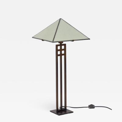 Vintage Arts Crafts Cut Steel Slag Glass Table Lamp