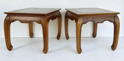 Vintage Asian Inspired Wood Side Tables with inset Beveled Glass Tops