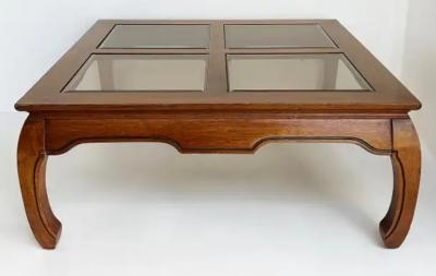Vintage Asian Inspired Wood Side Tables with inset Beveled Glass Tops